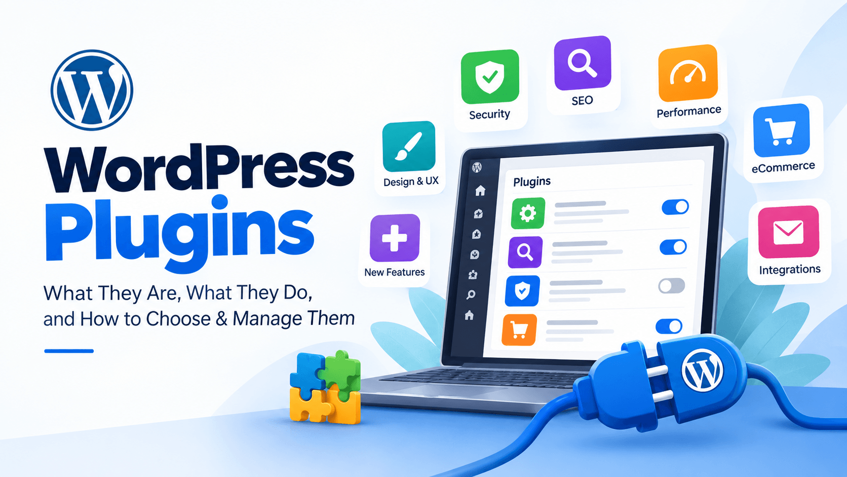 WordPress Plugins Guide - showing features for SEO, security, performance, and ecommerce